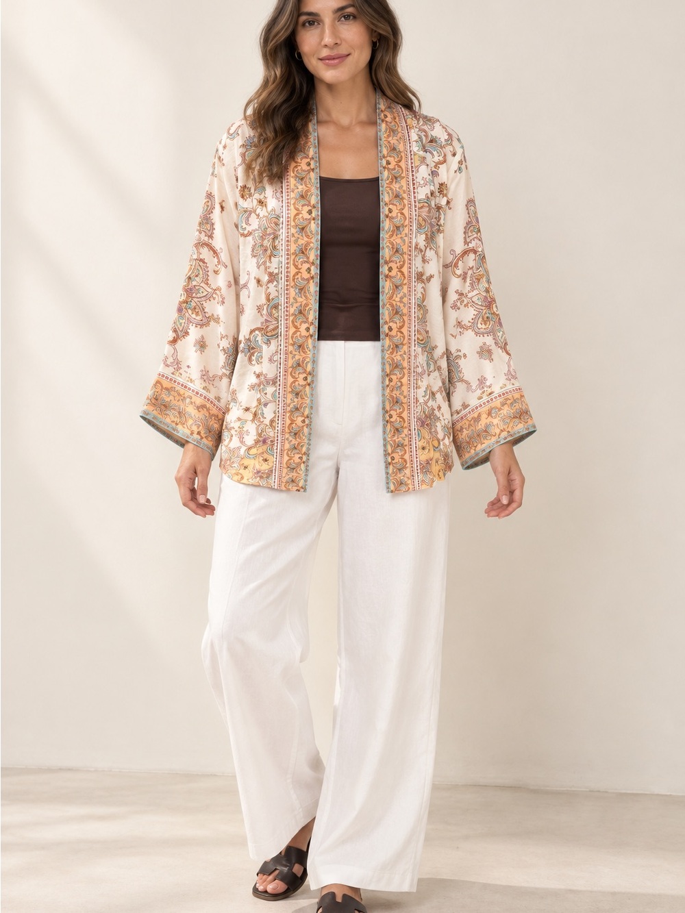 Paisley Print Open-Front Kimono Jacket – Cream & Peach